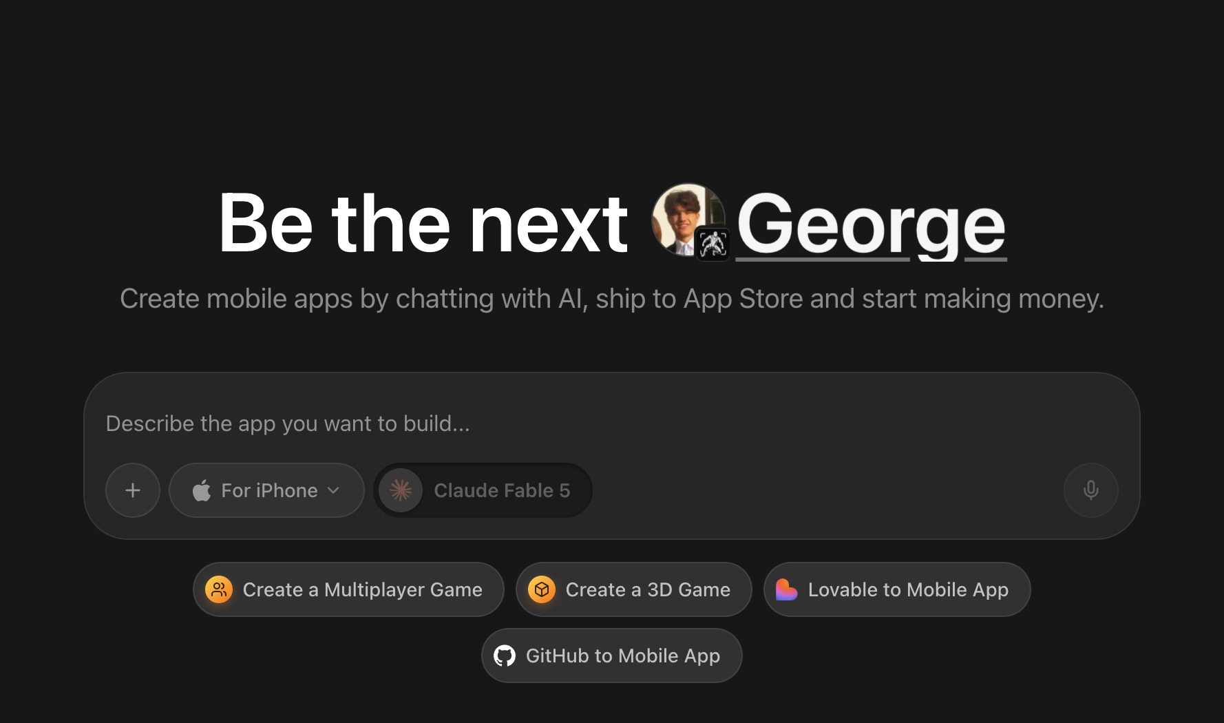 Import buttons under the prompt box on the Rork homepage