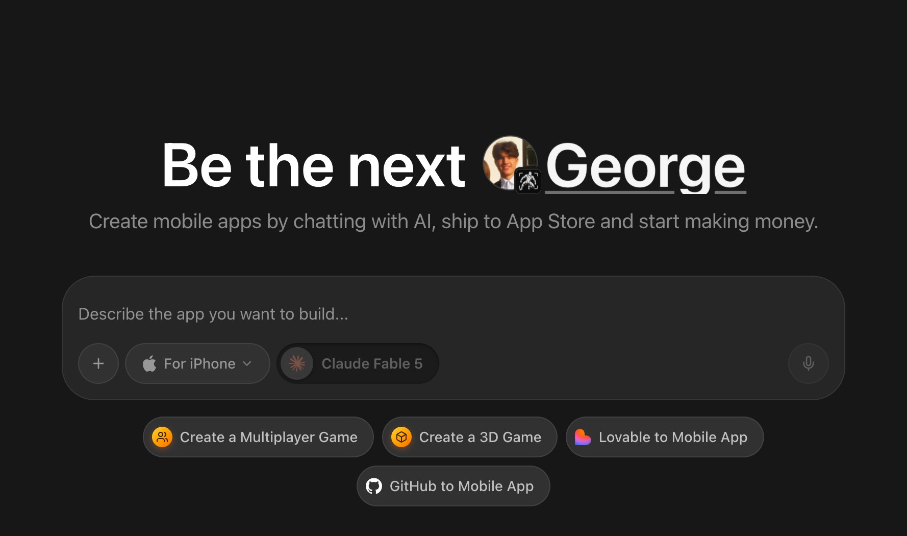 Import buttons under the prompt box on the Rork homepage