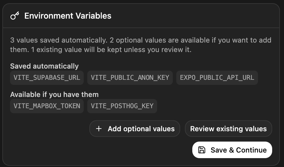 The environment variables scan widget: values saved automatically plus optional ones