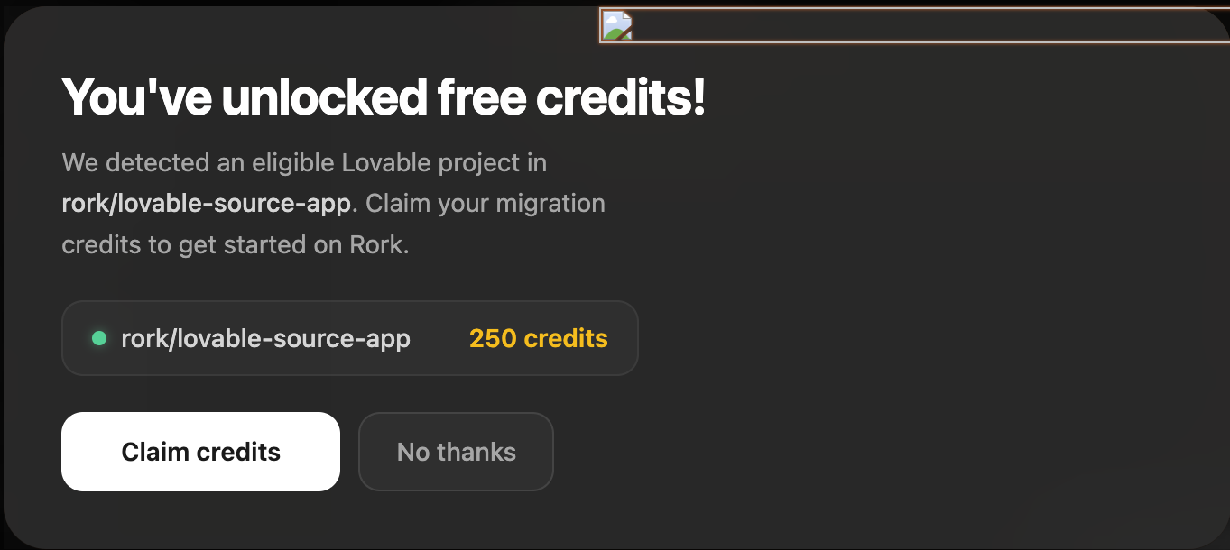 The migration credits dialog for eligible Lovable projects