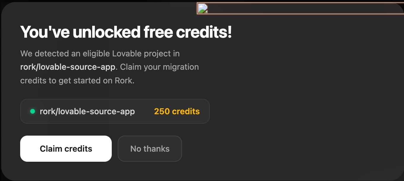 The migration credits dialog for eligible Lovable projects