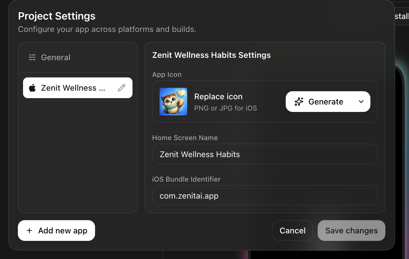 Per-app settings: icon, home screen name, bundle identifier