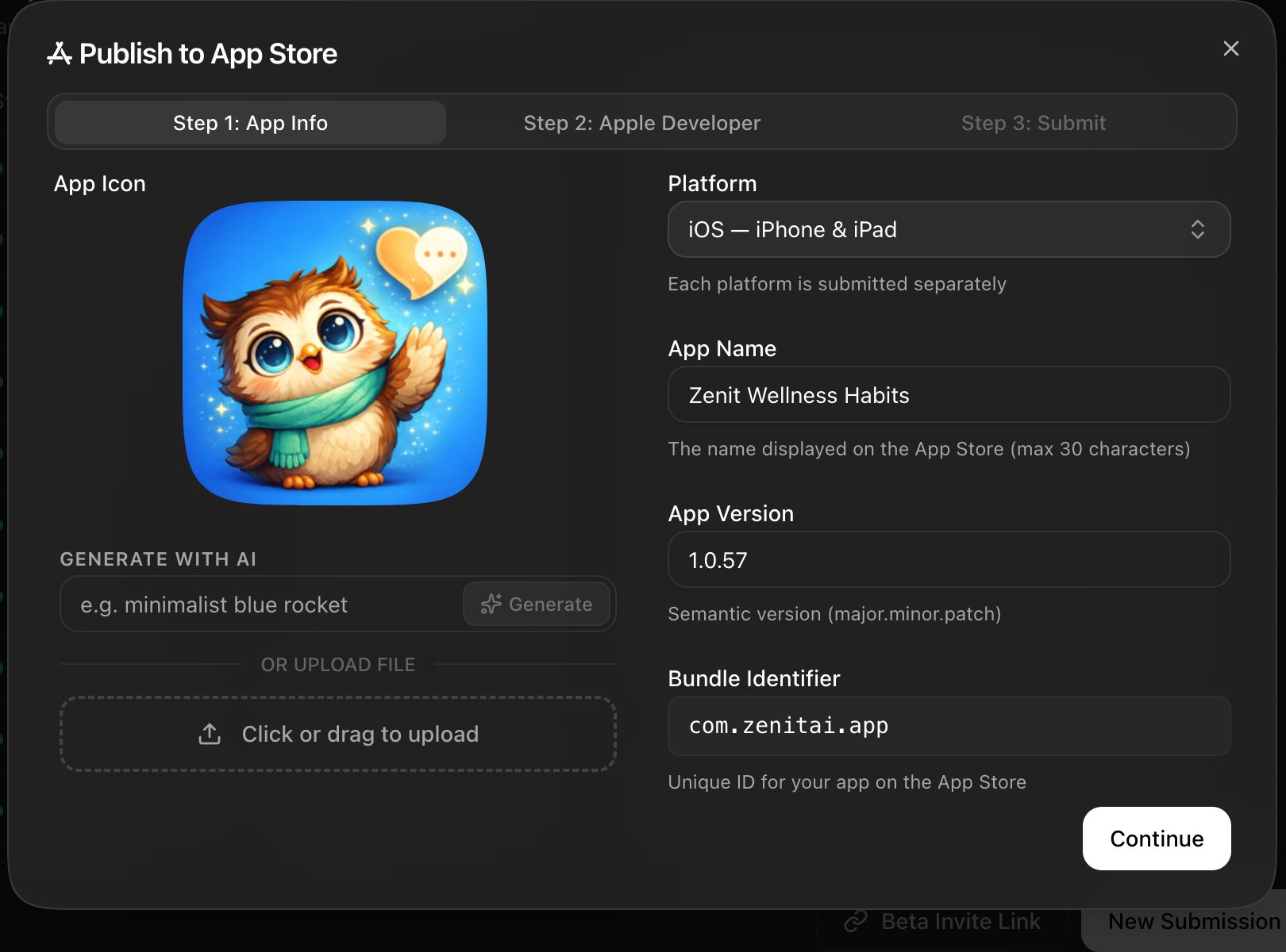 The Publish to App Store wizard in Rork