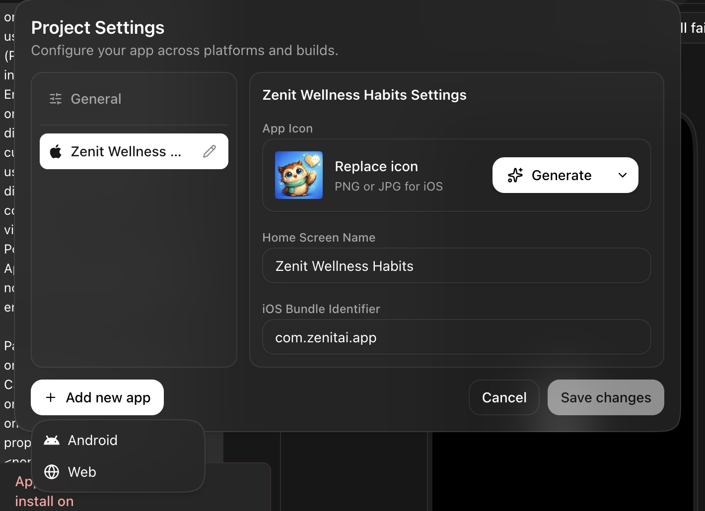 Project Settings with the Add new app menu open