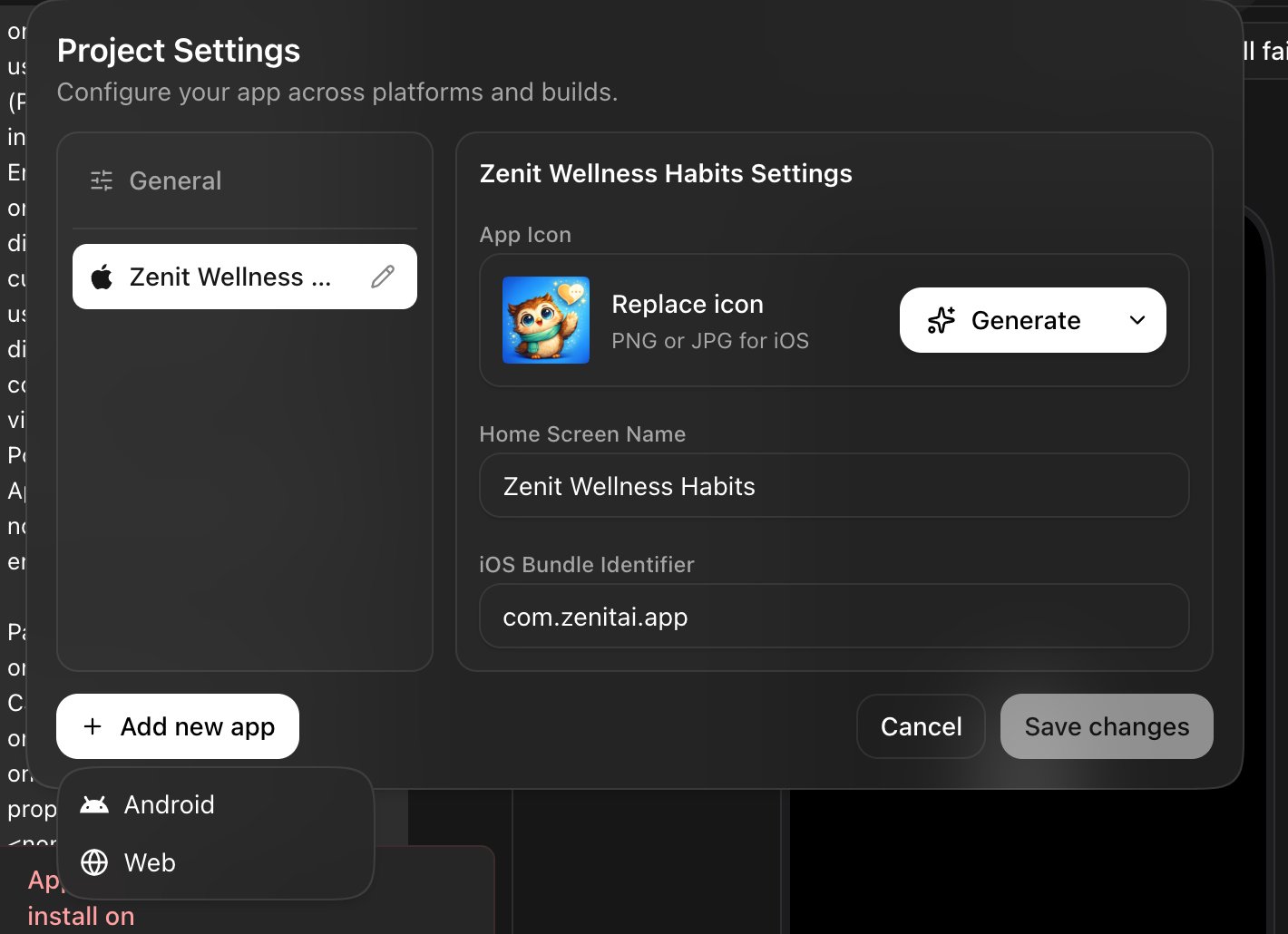 Project Settings with the Add new app menu open