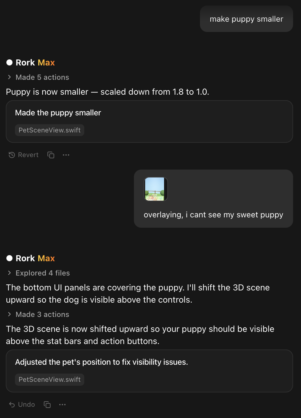 A Rork chat where the user asks to make the puppy smaller, then attaches a screenshot saying the UI overlays the puppy, and the agent shifts the 3D scene upward