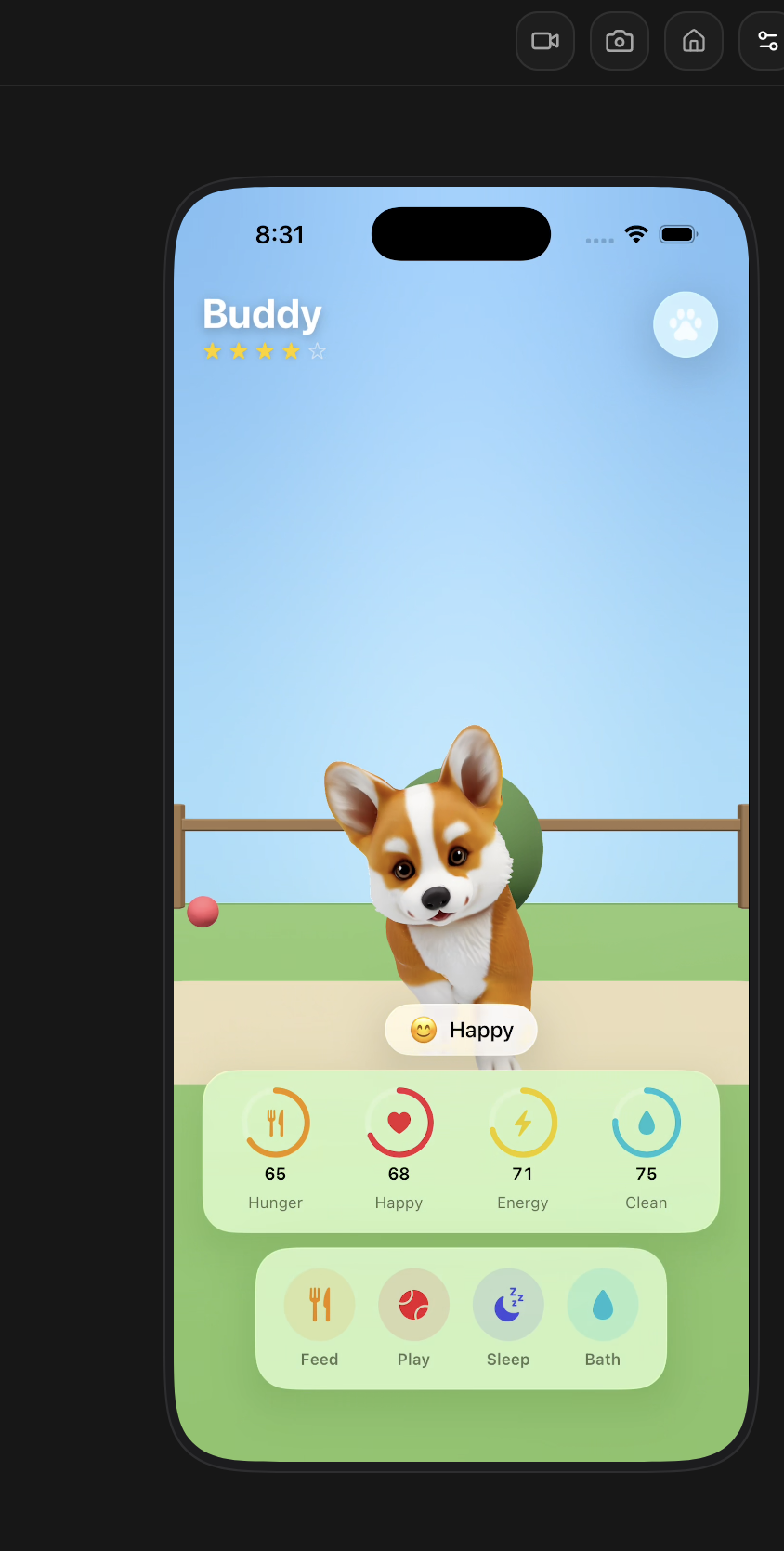 The Rork simulator running a 3D pet game called Buddy, with a corgi in a garden, stat bars for Hunger, Happy, Energy and Clean, and Feed, Play, Sleep and Bath buttons
