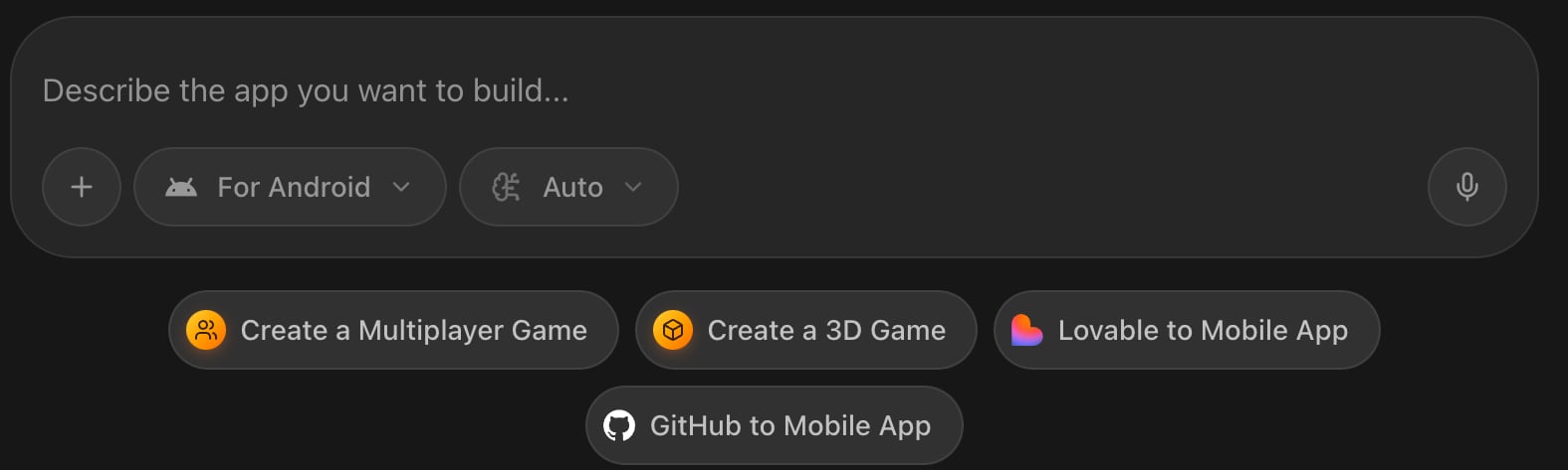 The Rork prompt box with quick buttons reading Create a Multiplayer Game and Create a 3D Game