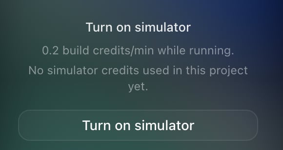 The Turn on simulator panel in Rork showing that it costs 0.2 build credits per minute while running