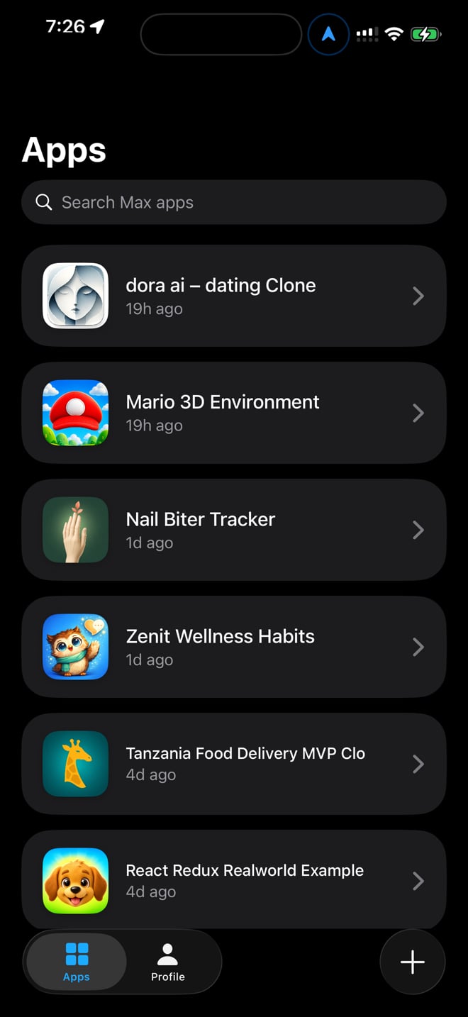 The Apps tab in the Rork Max app listing built apps