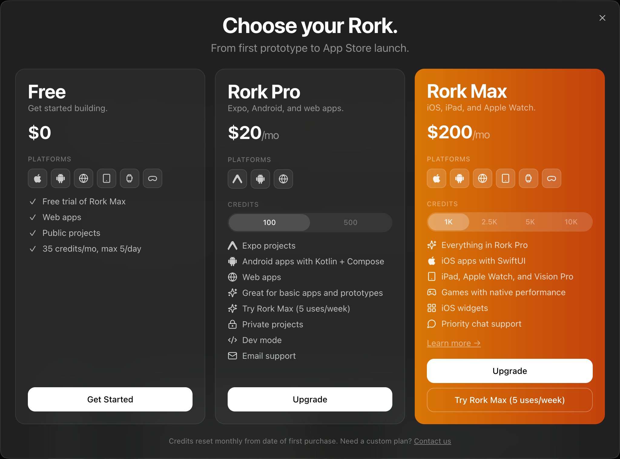 Rork pricing plans: Free, Rork Pro, and Rork Max