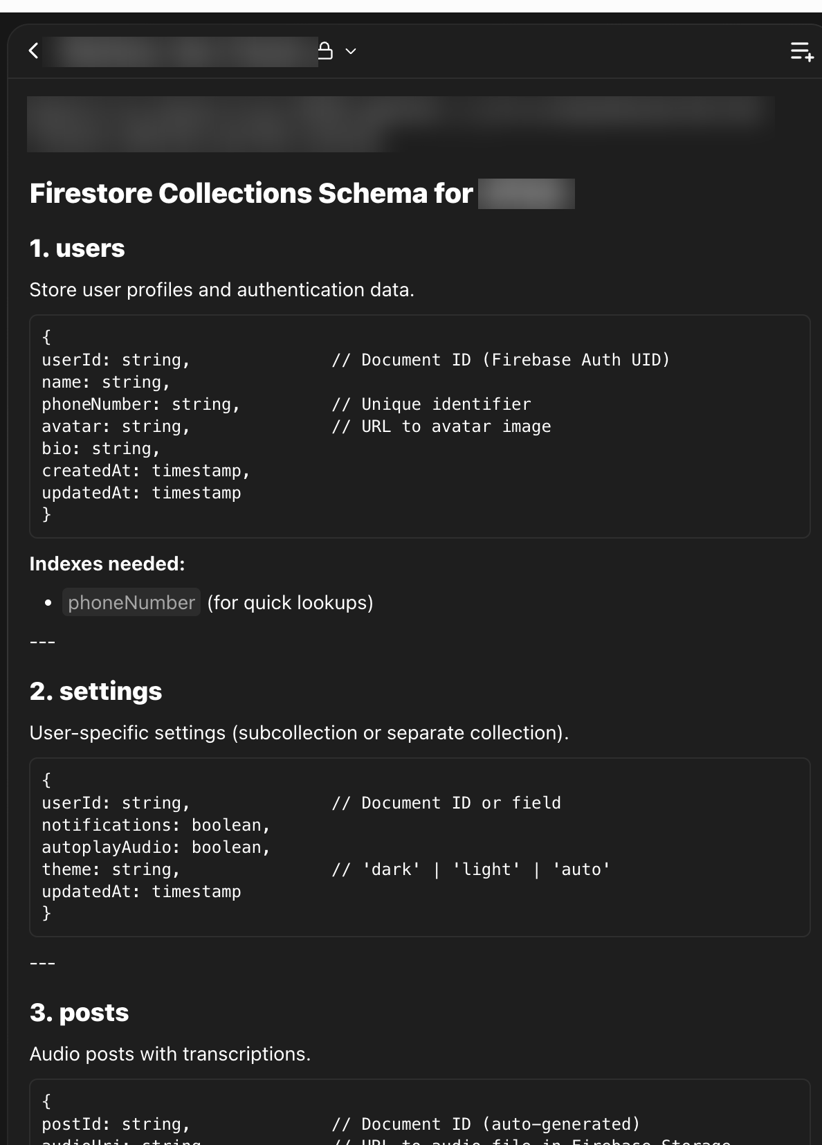 Rork answering with a list of Firestore collections and their fields
