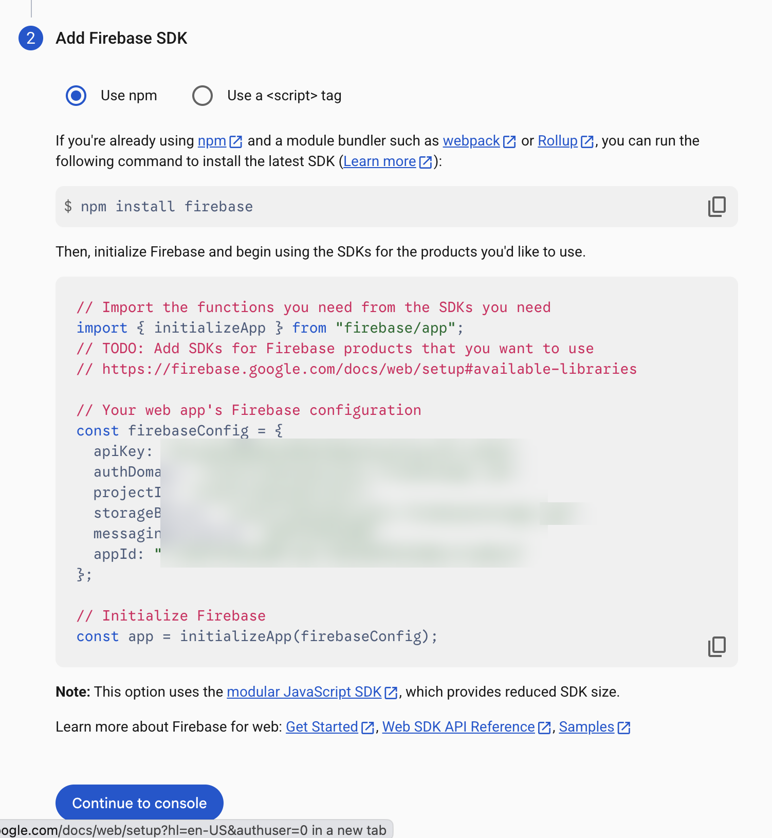 The Firebase SDK setup screen showing the firebaseConfig object to copy