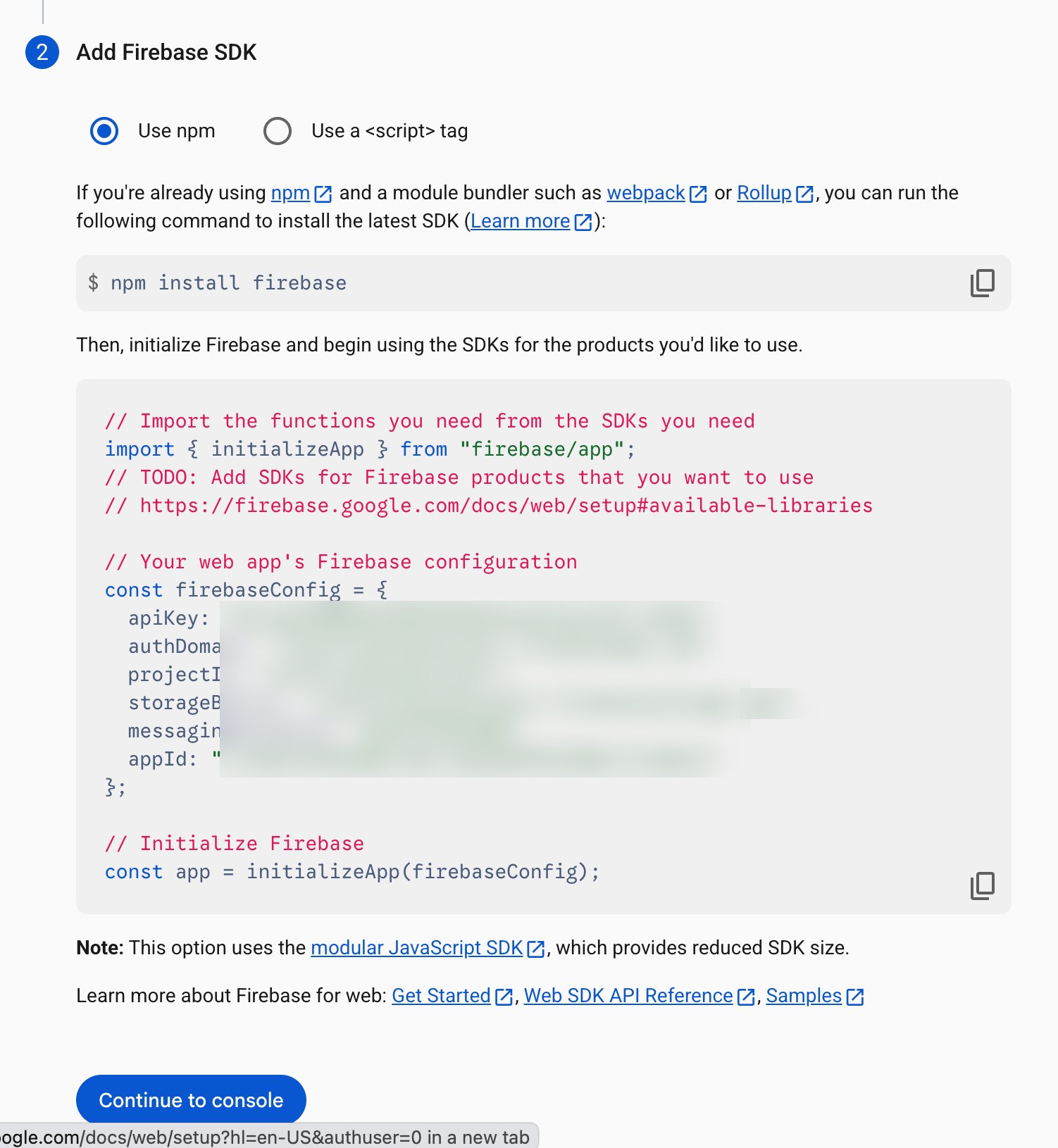The Firebase SDK setup screen showing the firebaseConfig object to copy