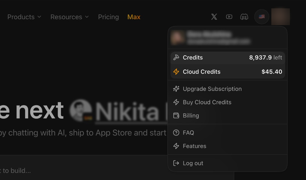 Rork account menu showing the Credits balance and the Cloud Credits dollar balance