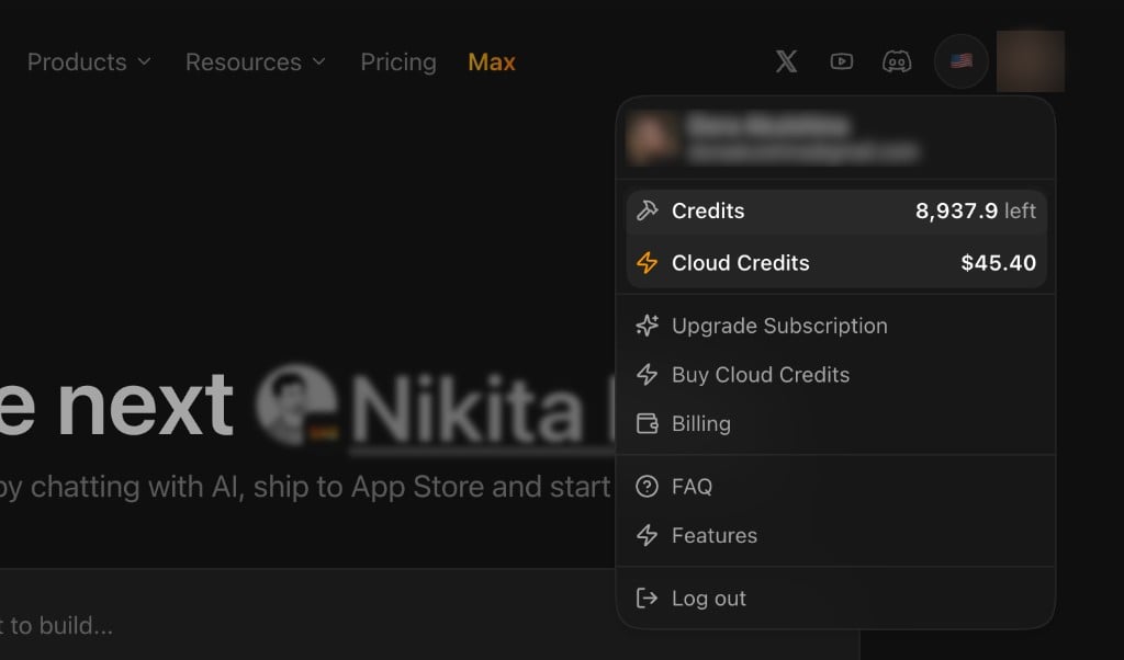 Rork account menu showing the Credits balance and the Cloud Credits dollar balance