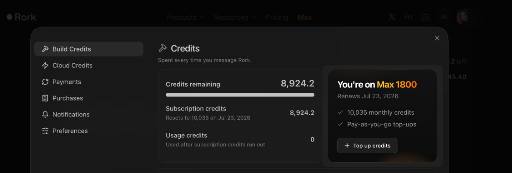 Rork Build Credits billing panel showing credits remaining, subscription and usage credits, and the current plan with pay-as-you-go top-ups