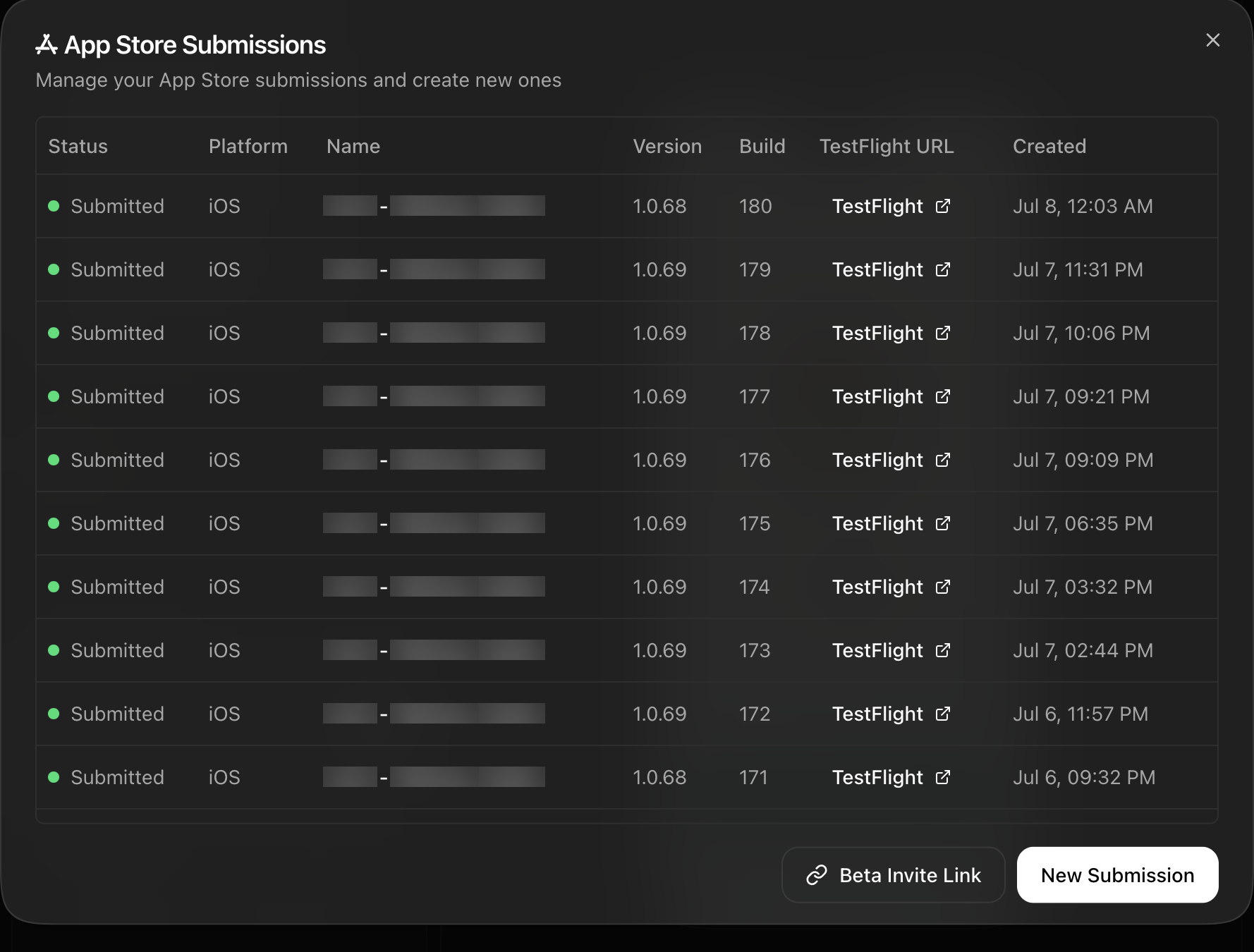 App Store submission history with TestFlight links