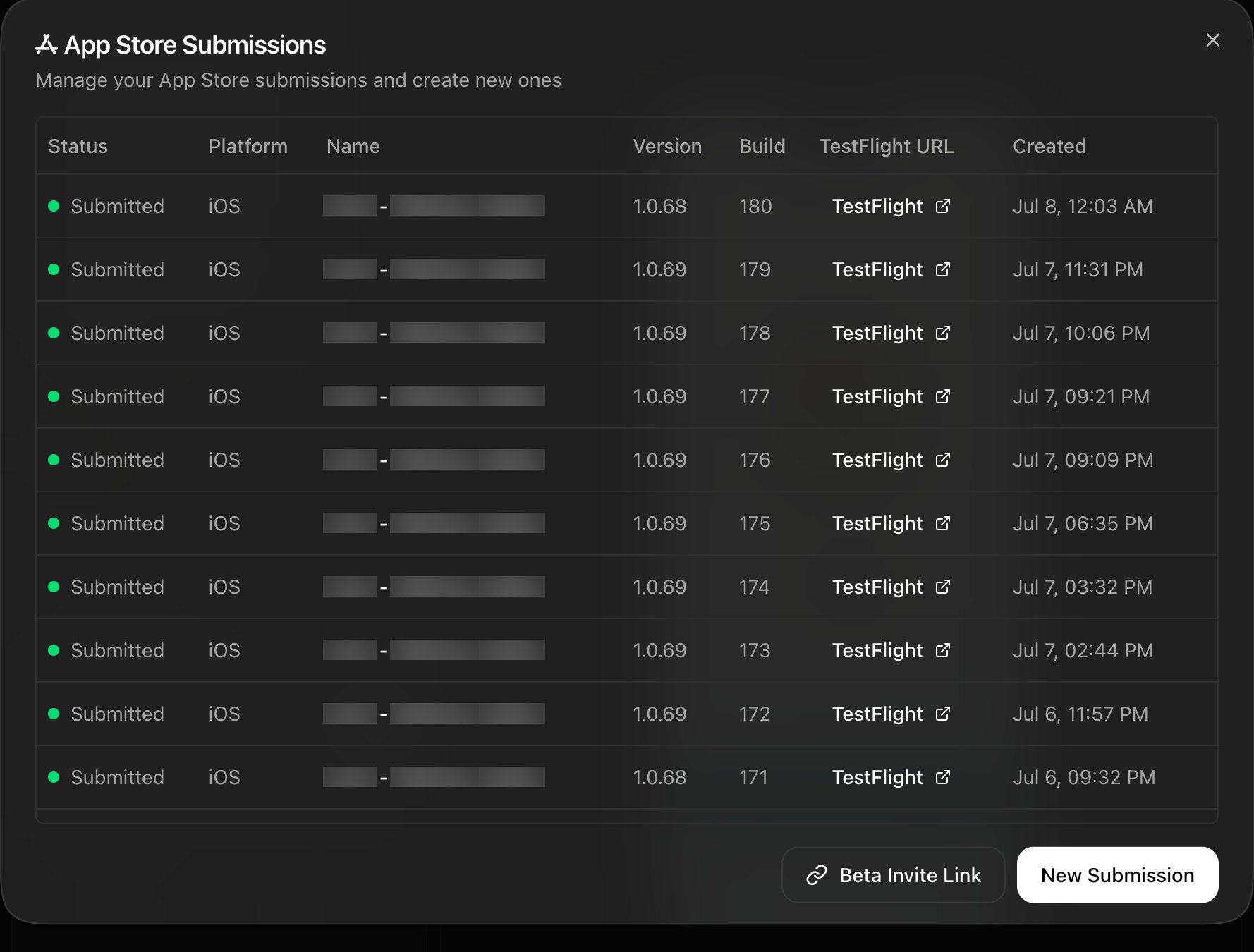 App Store submission history with TestFlight links