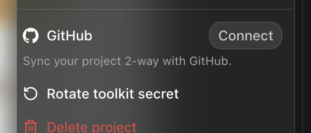The GitHub two-way sync option in the project menu
