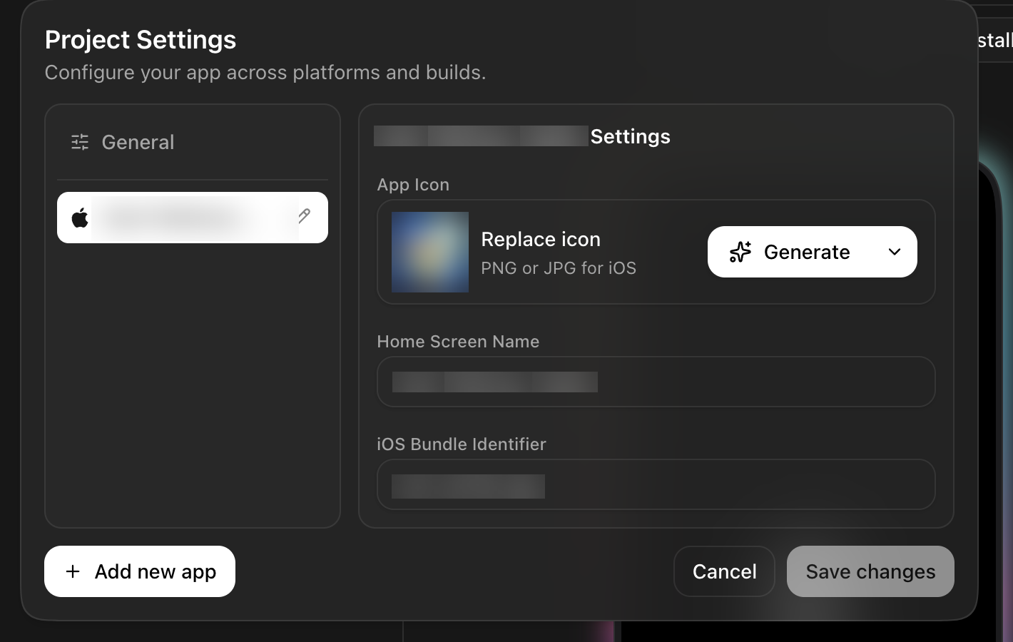 Per-app settings: icon, name, bundle identifier