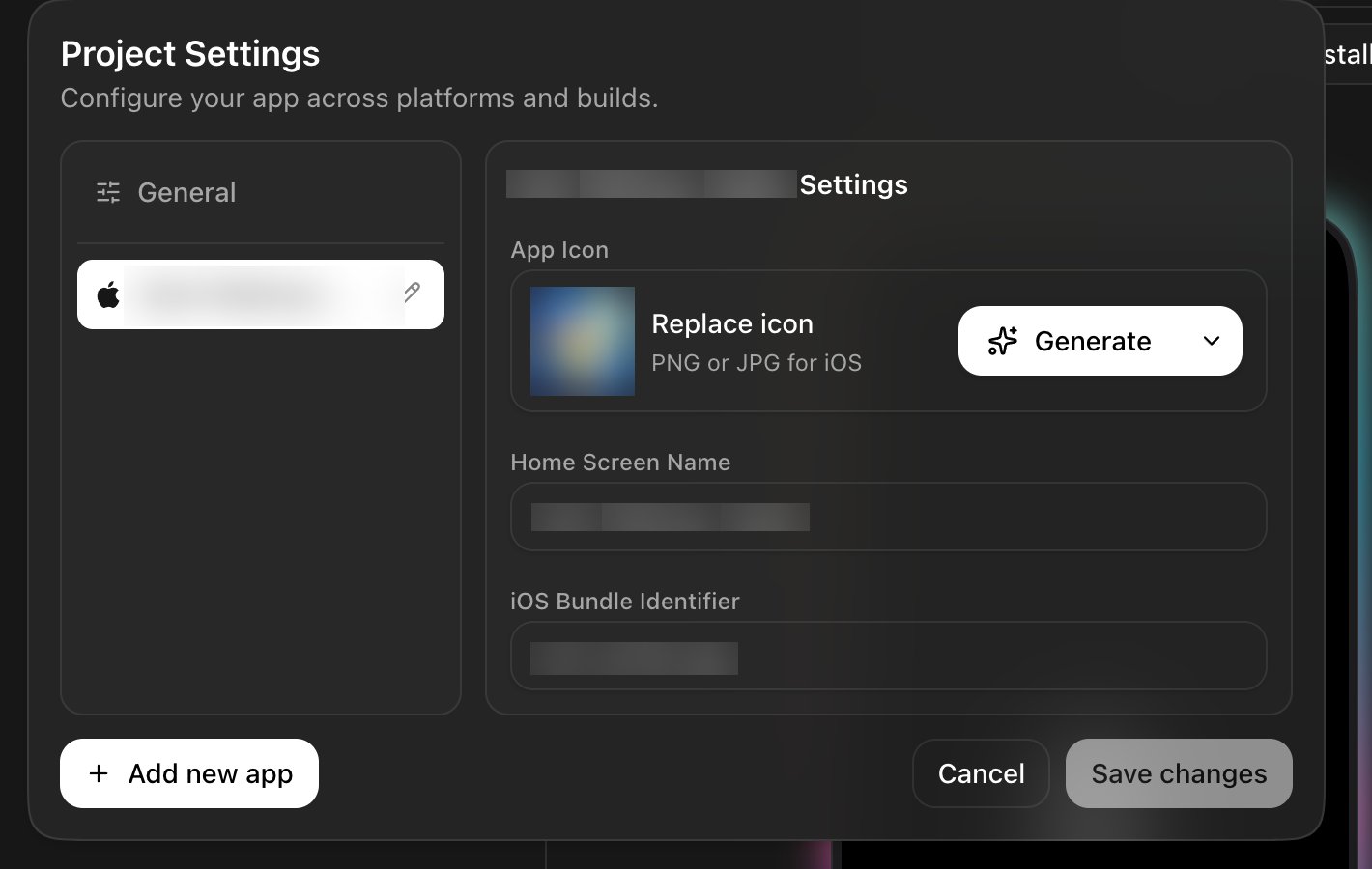 Per-app settings: icon, name, bundle identifier
