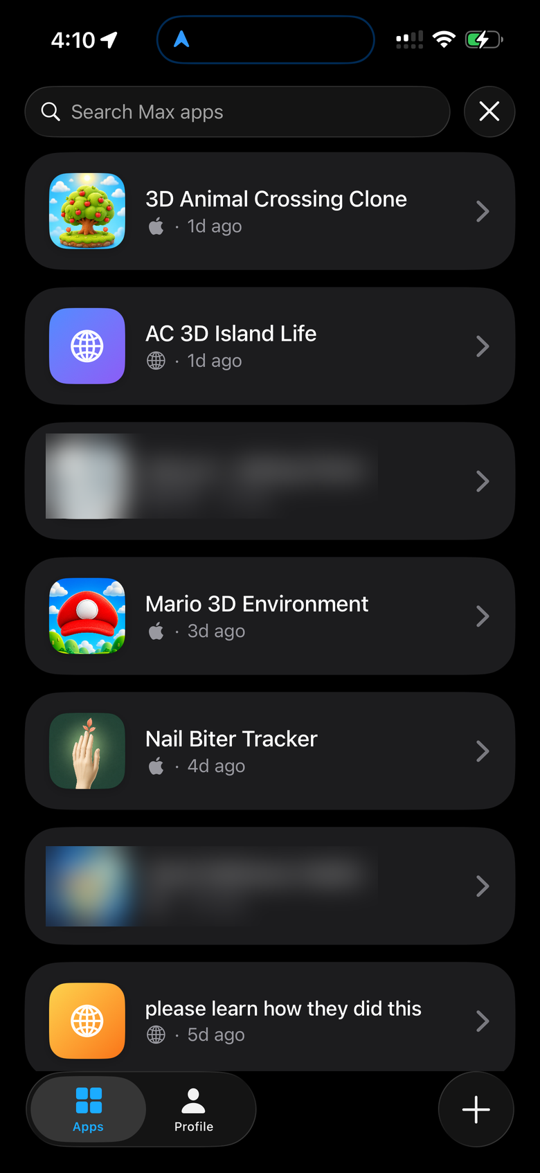 The Apps tab in the Rork Max app listing Swift and Web apps