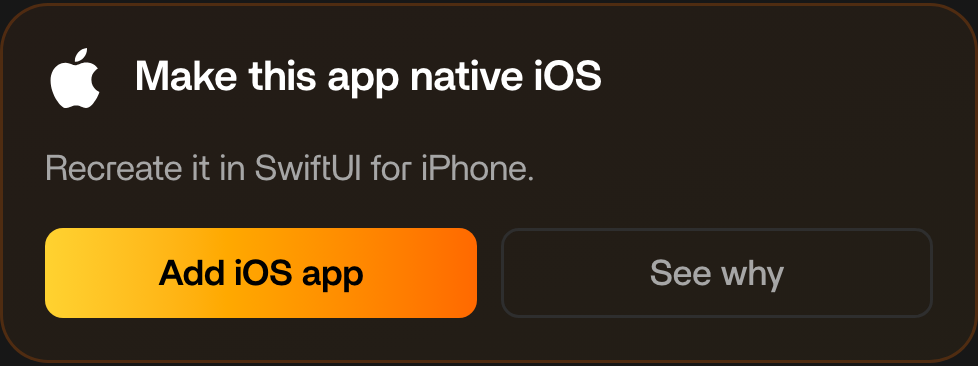The "Make this app native iOS" card next to the preview, with the Add iOS app button