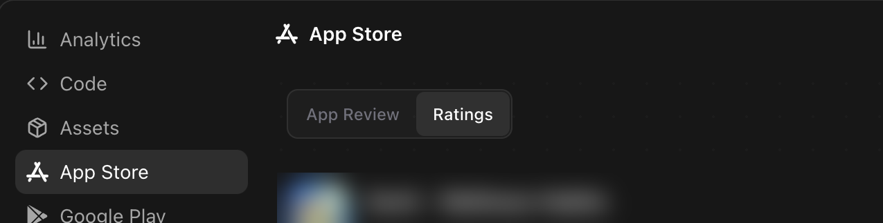 The Rork project sidebar with App Store selected, and the App Review and Ratings tabs above the review list