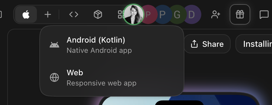 The add platform menu in a project: Android (Kotlin) and Web
