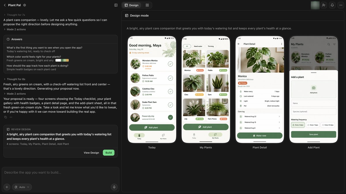 Design mode showing four proposed screens for a plant care app and a Review design card with View Design and Build buttons
