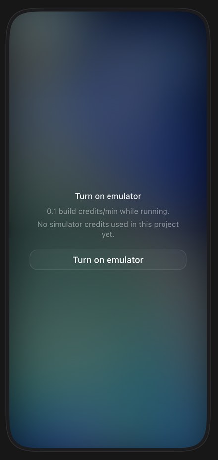The emulator panel reading Turn on emulator, 0.1 build credits per minute while running, and no simulator credits used in this project yet