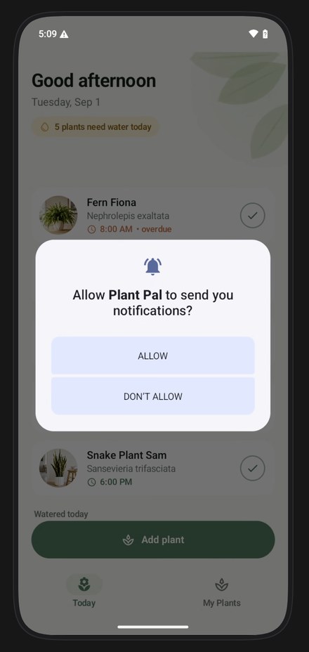 The plant care app in the emulator showing the Android system dialog asking to allow notifications