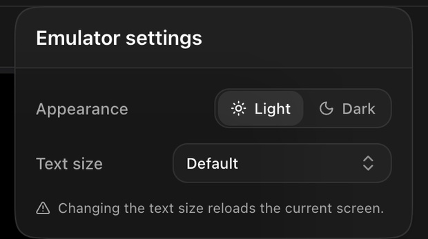The emulator settings popover with a Light and Dark appearance switch and a Text size field