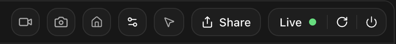 The emulator toolbar with record, screenshot, home, settings and element select buttons, a Share button, and a Live indicator with restart and stop
