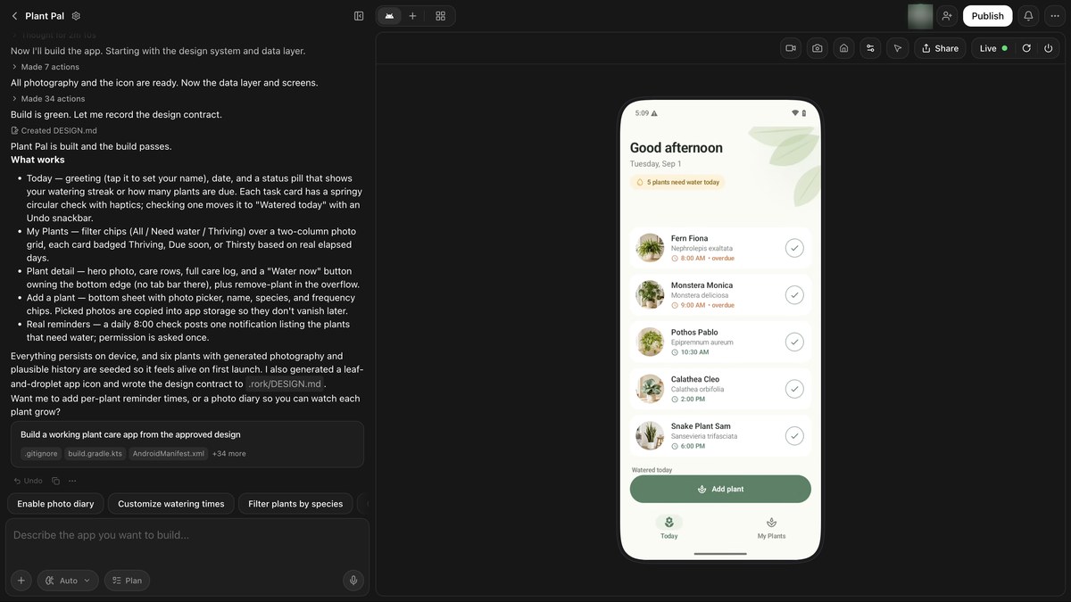 A Rork Android project with the build summary in the chat and the finished plant care app running in the emulator