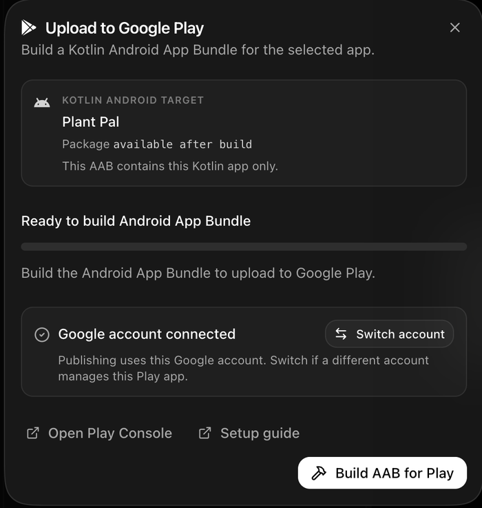 The Upload to Google Play dialog naming the Kotlin Android target, saying it is ready to build the Android App Bundle, showing a connected Google account, and offering Build AAB for Play