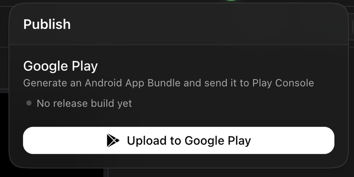 The Publish menu showing a Google Play section that generates an Android App Bundle, a No release build yet status, and an Upload to Google Play button