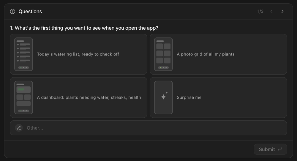 Rork asking what the first screen of the plant care app should show, with four answers to choose from