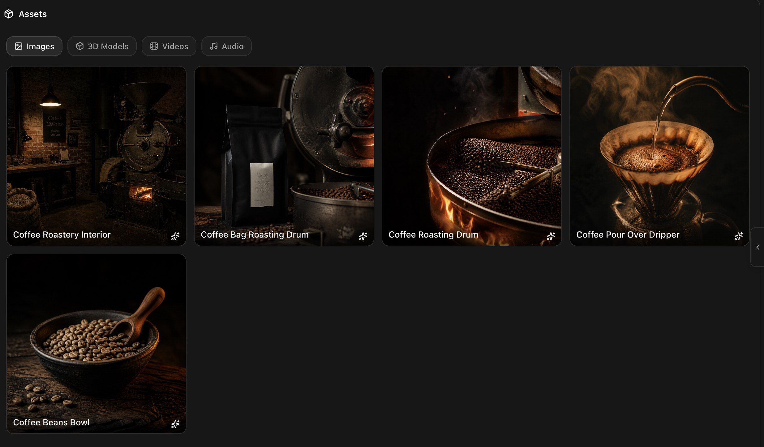 The Rork Assets tab showing the Images, 3D Models, Videos and Audio filters with five generated coffee photographs