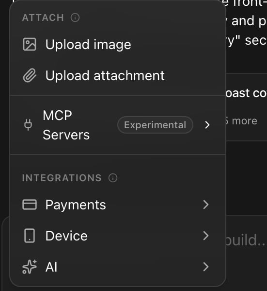 The Rork attachment menu showing Upload image, Upload attachment, MCP Servers, and integration entries for Payments, Device, and AI
