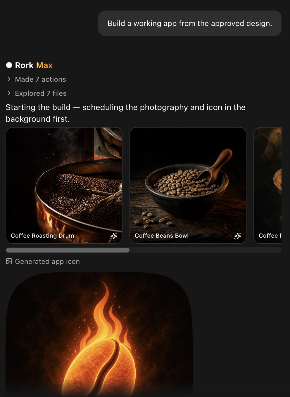 A Rork chat showing generated coffee photographs in a row and a generated app icon below them