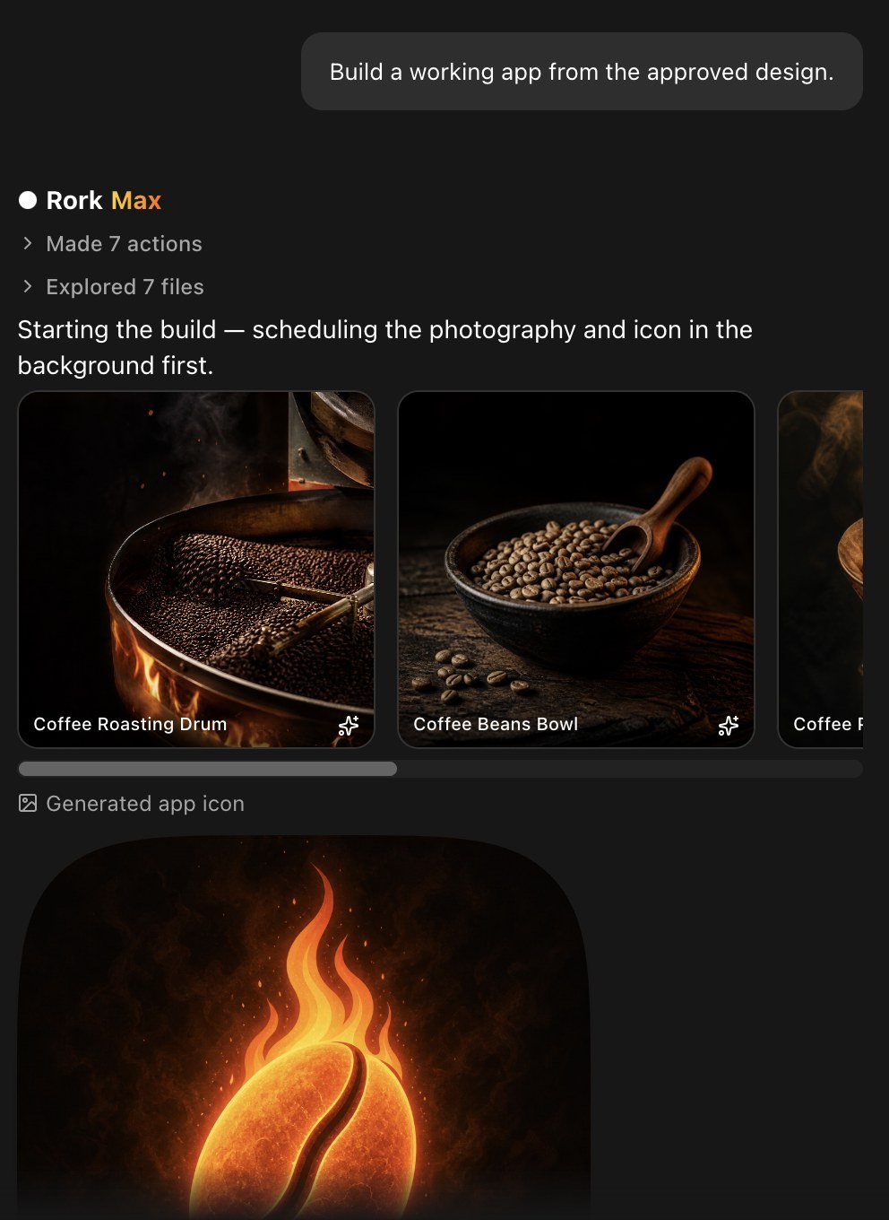 A Rork chat showing generated coffee photographs in a row and a generated app icon below them