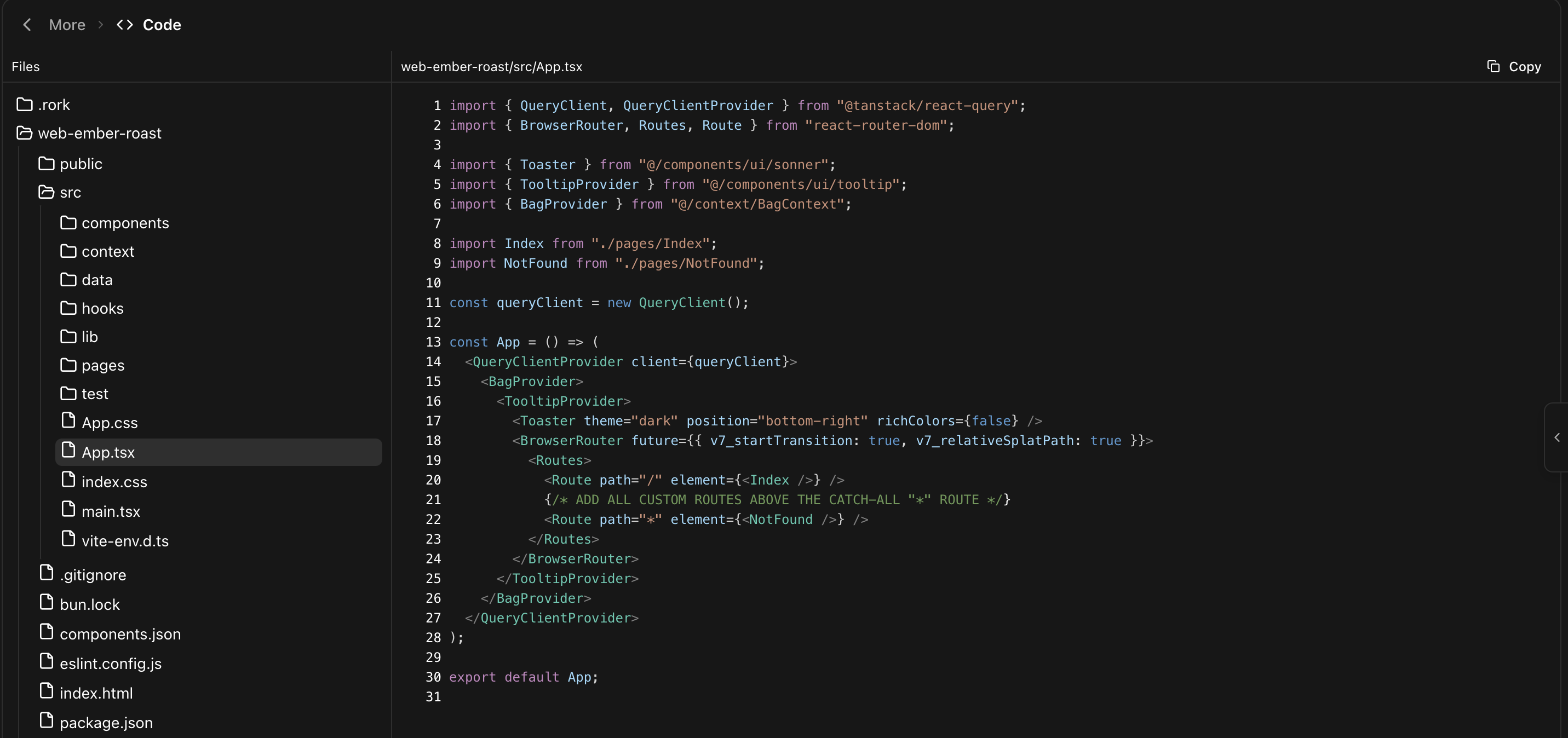 The Rork code editor showing a web project file tree and the contents of src/App.tsx with syntax highlighting