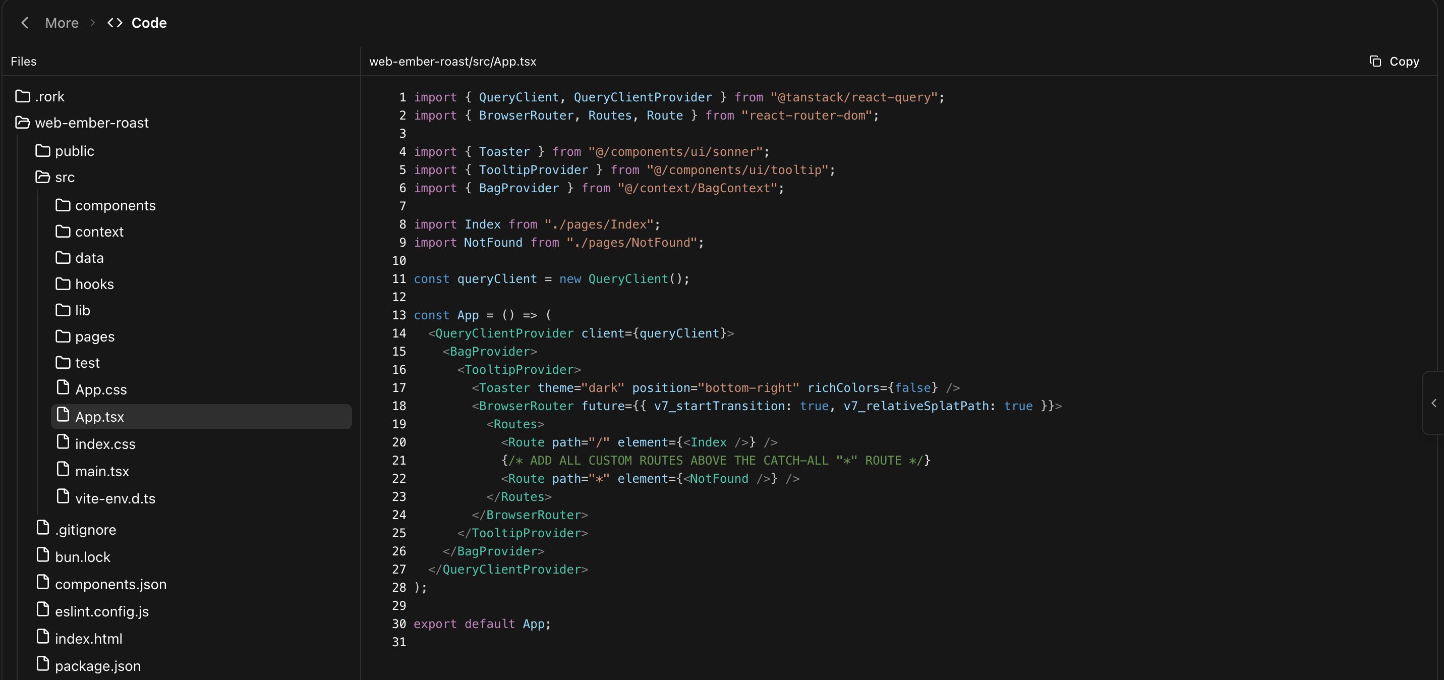 The Rork code editor showing a web project file tree and the contents of src/App.tsx with syntax highlighting
