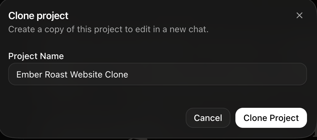 The Clone project dialog in Rork with a Project Name field prefilled as Ember Roast Website Clone, and Cancel and Clone Project buttons