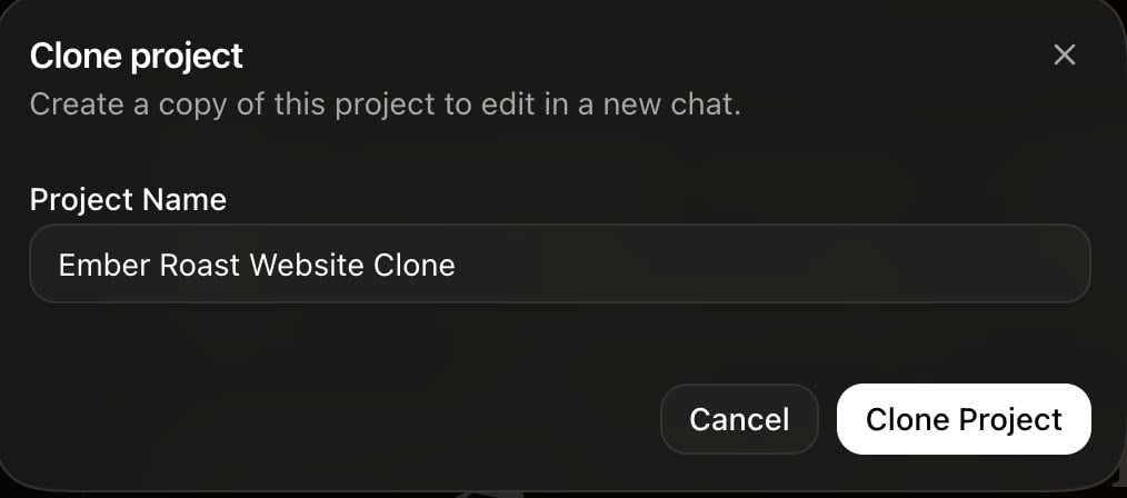 The Clone project dialog in Rork with a Project Name field prefilled as Ember Roast Website Clone, and Cancel and Clone Project buttons
