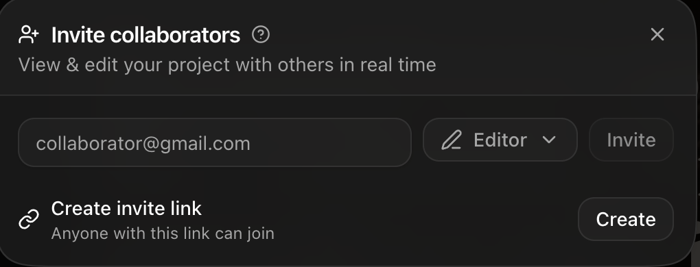 The Rork Invite collaborators dialog with an email field, an Editor role picker, an Invite button, and a Create invite link row