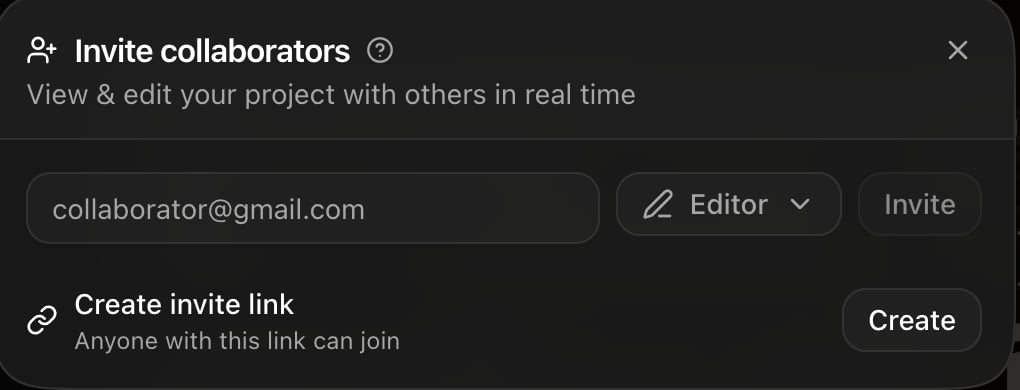 The Rork Invite collaborators dialog with an email field, an Editor role picker, an Invite button, and a Create invite link row