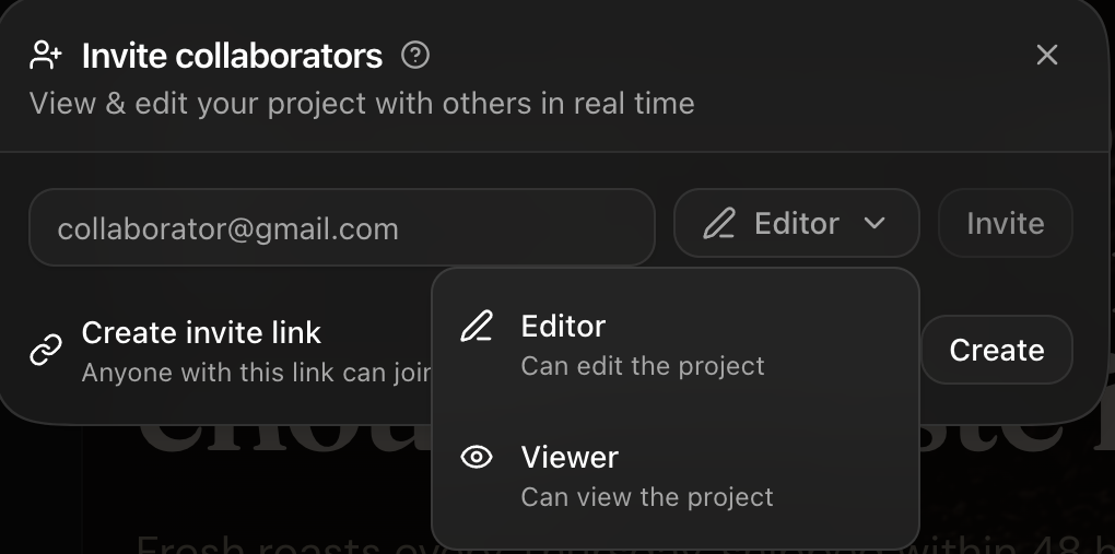 The role picker in the Rork invite dialog showing Editor, can edit the project, and Viewer, can view the project